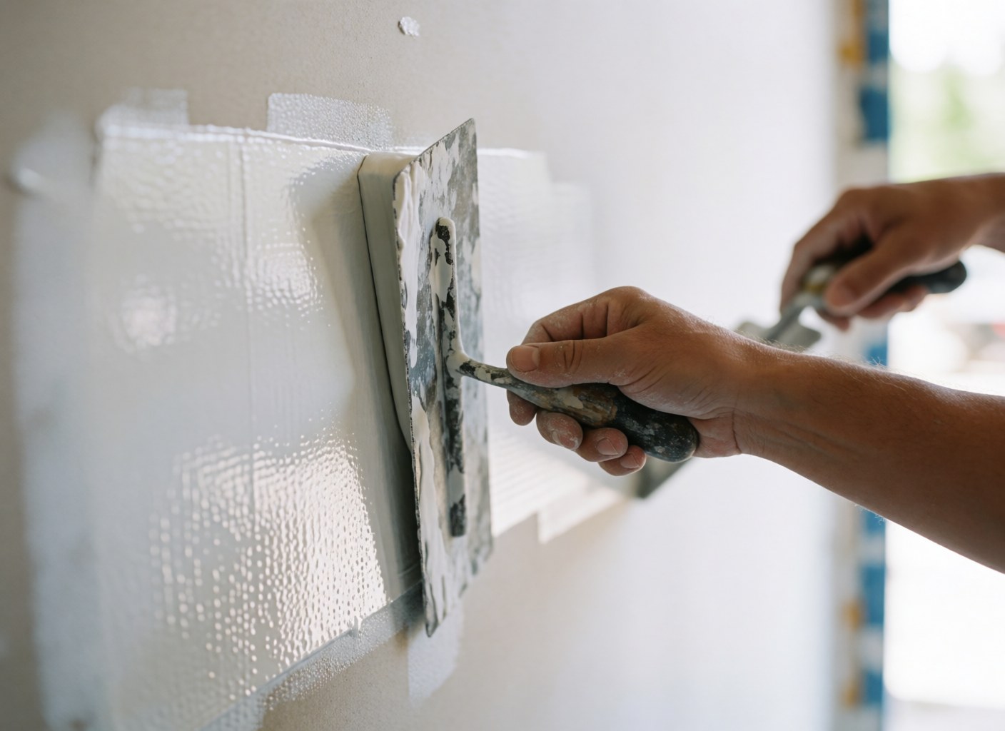 Main appliquant une couche de primaire blanc sur un mur en plâtre avec un outil, surface lisse et sèche, reflet de lumière, détail technique professionnel de réparation.