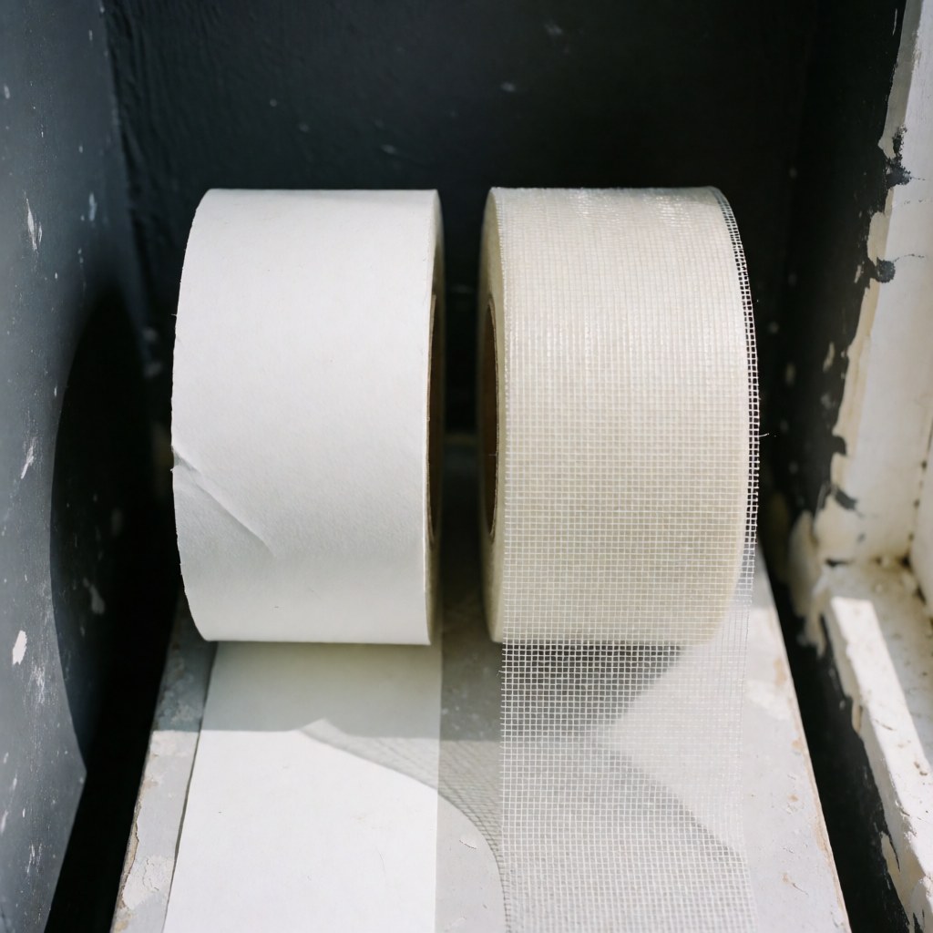 Deux rouleaux de ruban adhésif, l'un en papier blanc et l'autre en treillis de verre, posés sur une surface de réparation avec des murs peints en gris anthracite.
