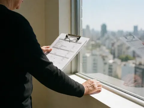 Une femme professionnelle tient un classeur contenant un agenda d'événements, debout près d'une grande fenêtre offrant une vue sur la ville dans un cadre moderne.