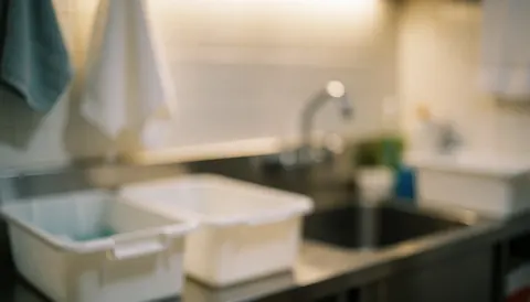 Fond flou de cuisine professionnelle avec récipients plastiques, robinet et serviettes suspendues, idéal pour textes sur réparation de fours.