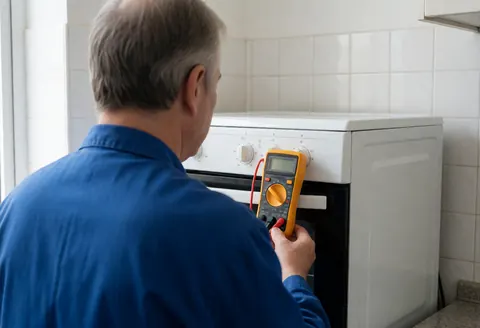 Un technicien en réparation de fours utilise un multimètre jaune pour inspecter le panneau de commande dans une cuisine aux murs carrelés blancs et à l'éclairage naturel.