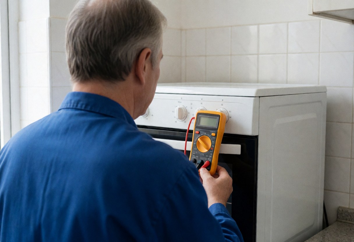 Un technicien en réparation de fours utilise un multimètre jaune pour inspecter le panneau de commande dans une cuisine aux murs carrelés blancs et à l'éclairage naturel.