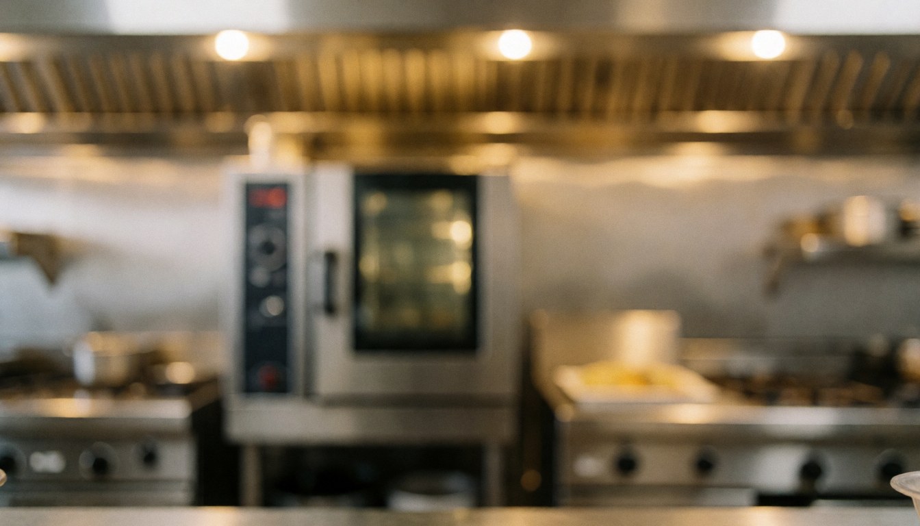 Arrière-plan flou d'une cuisine commerciale équipée de fours en acier inoxydable et d'un système de ventilation, éclairage chaud pour superposer du texte.