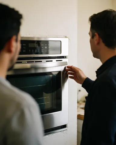 Vue arrière d'un client satisfait pendant qu'un technicien examine un four en acier inoxydable sur fond blanc.