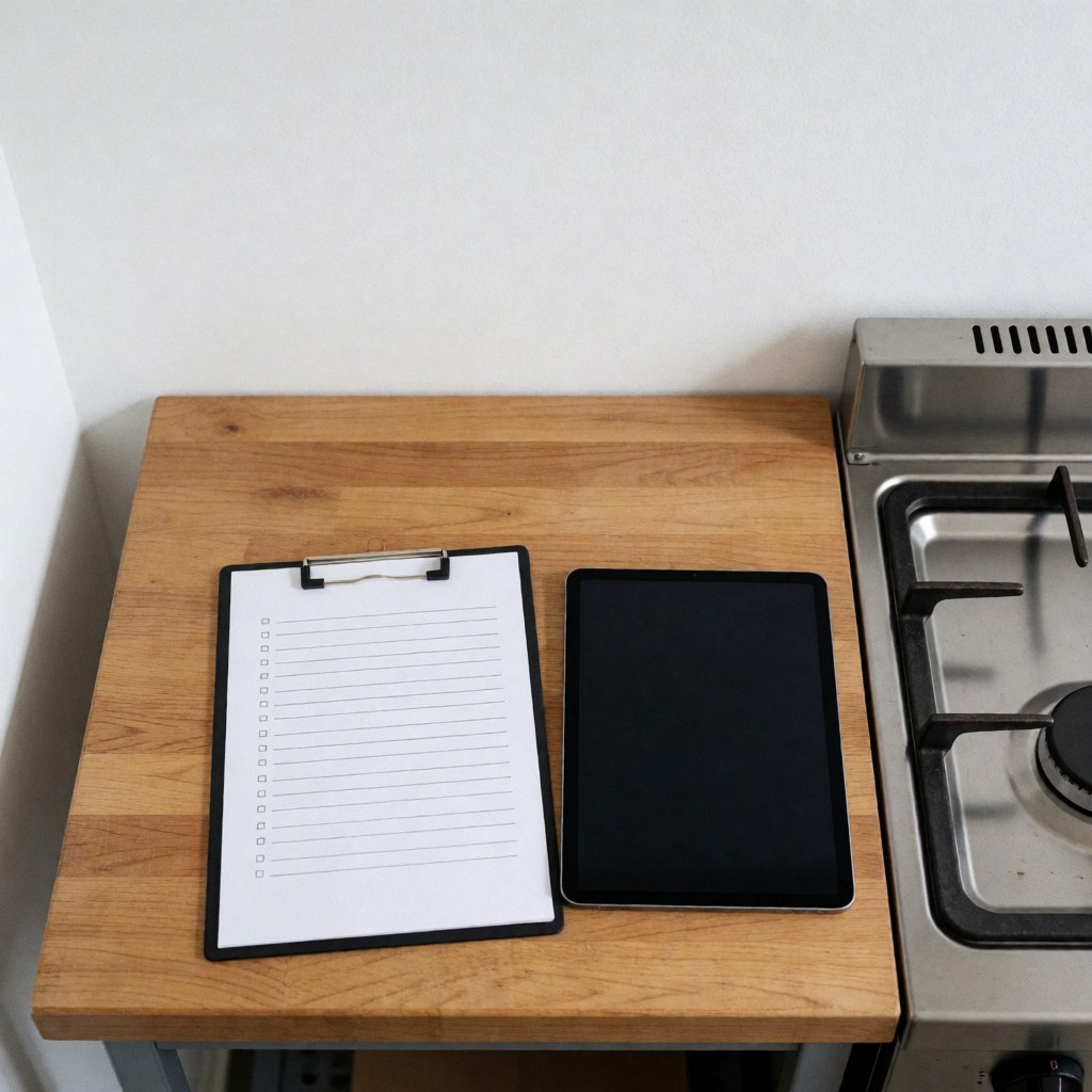 Checklist sur une planche à papier et tablette éteinte sur une table en bois à côté d'un four à gaz, scène propre et professionnelle pour la réparation de fours.