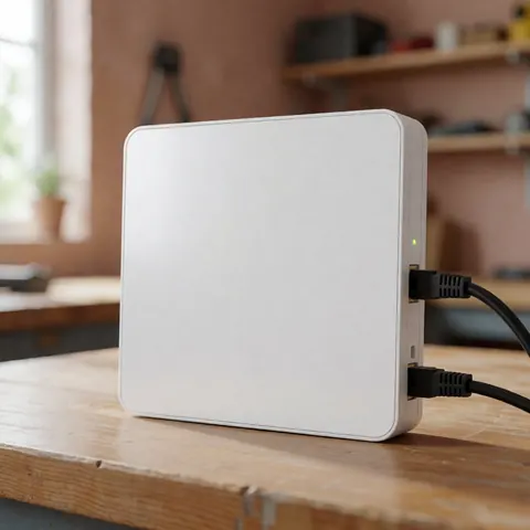 Panneau de sécurité blanc avec câble Ethernet connecté posé sur une table en bois dans un atelier avec étagère en arrière-plan flou