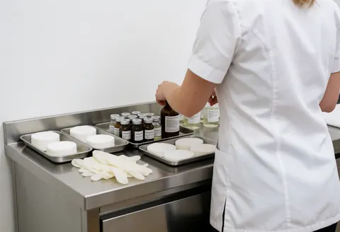 Un professionnel en uniforme blanc saisit une bouteille sur une table en acier inoxydable, entouré de gants et de disques de coton.