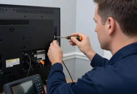 Un technicien en uniforme bleu répare un téléviseur avec un tournevis, des outils de diagnostic en premier plan sur un fond gris clair.
