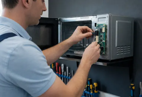 Un technicien en train d'installer une carte électronique sur un micro-ondes, avec des outils visibles en arrière-plan dans un atelier bien rangé et éclairé par la lumière naturelle.