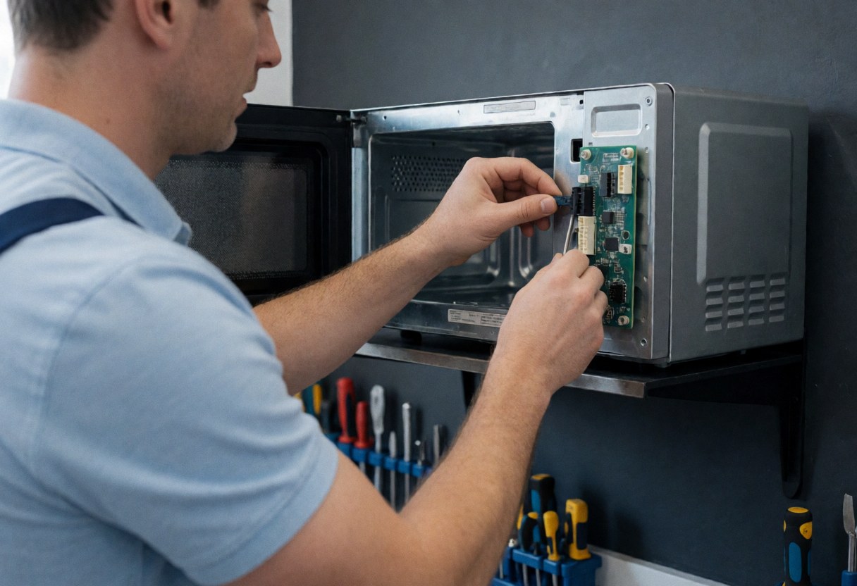 Un technicien en train d'installer une carte électronique sur un micro-ondes, avec des outils visibles en arrière-plan dans un atelier bien rangé et éclairé par la lumière naturelle.