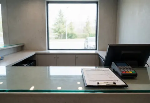 Comptoir de réception dans un magasin de réparation de téléphones, équipé d'un terminal de paiement et d'un formulaire sur un porte-documents, avec des murs en béton et une fenêtre laissant entrer la lumière naturelle.