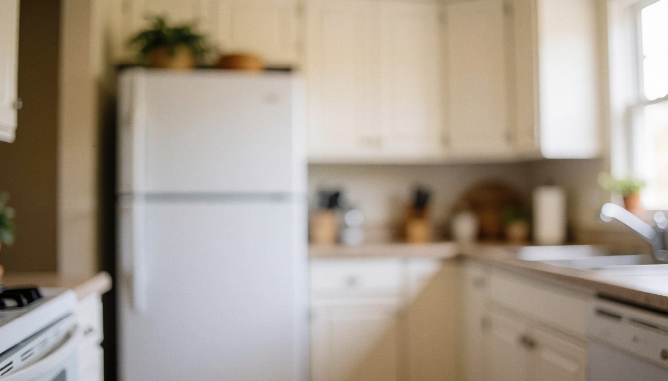 Cuisine résidentielle lumineuse avec un réfrigérateur blanc et des armoires de couleur claire, servant de fond neutre pour du texte concernant la réparation d'appareils.