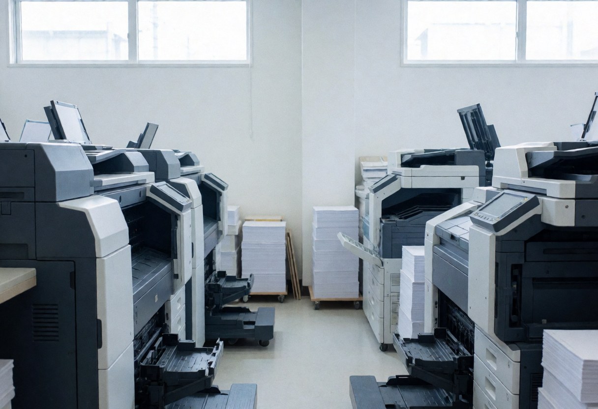 Salle d'impression équipée de grandes machines, piles de papier et lumière naturelle par les fenêtres, prête à fonctionner.