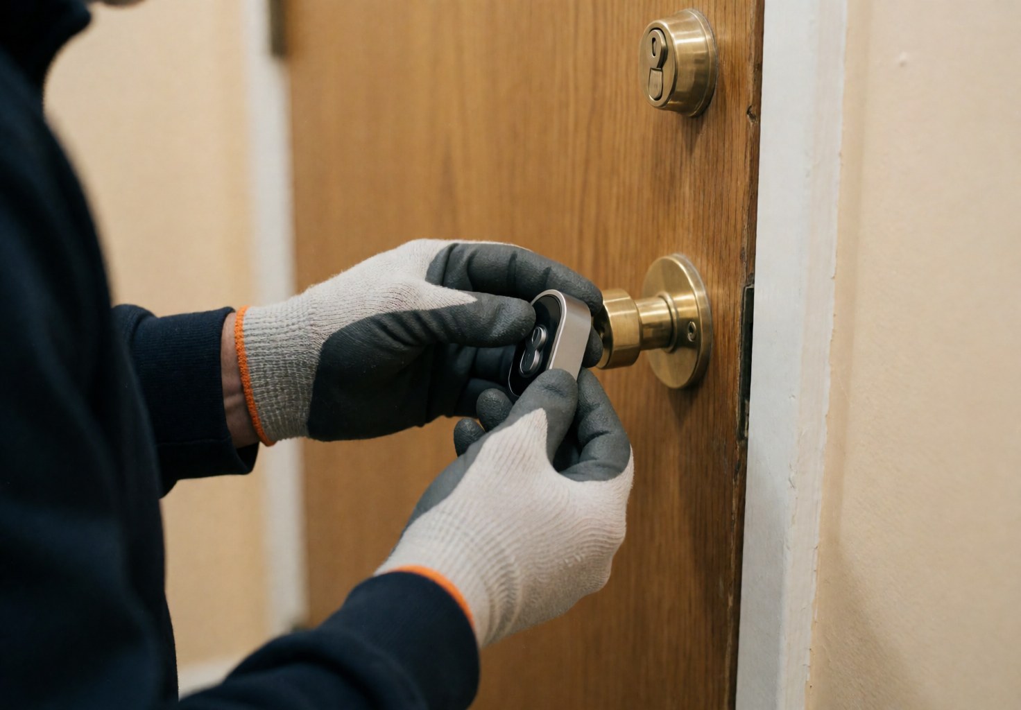 Un technicien en gants pose un nouveau cylindre de sécurité connecté sur une porte en bois, à côté de l'ancien modèle en laiton lors d'une intervention.