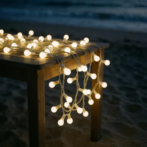 Des lampes LED blanches chaudes posées sur une table en bois en bord de mer la nuit, avec un flou artistique de l'océan en arrière-plan, idéal pour la décoration d'événements en extérieur.