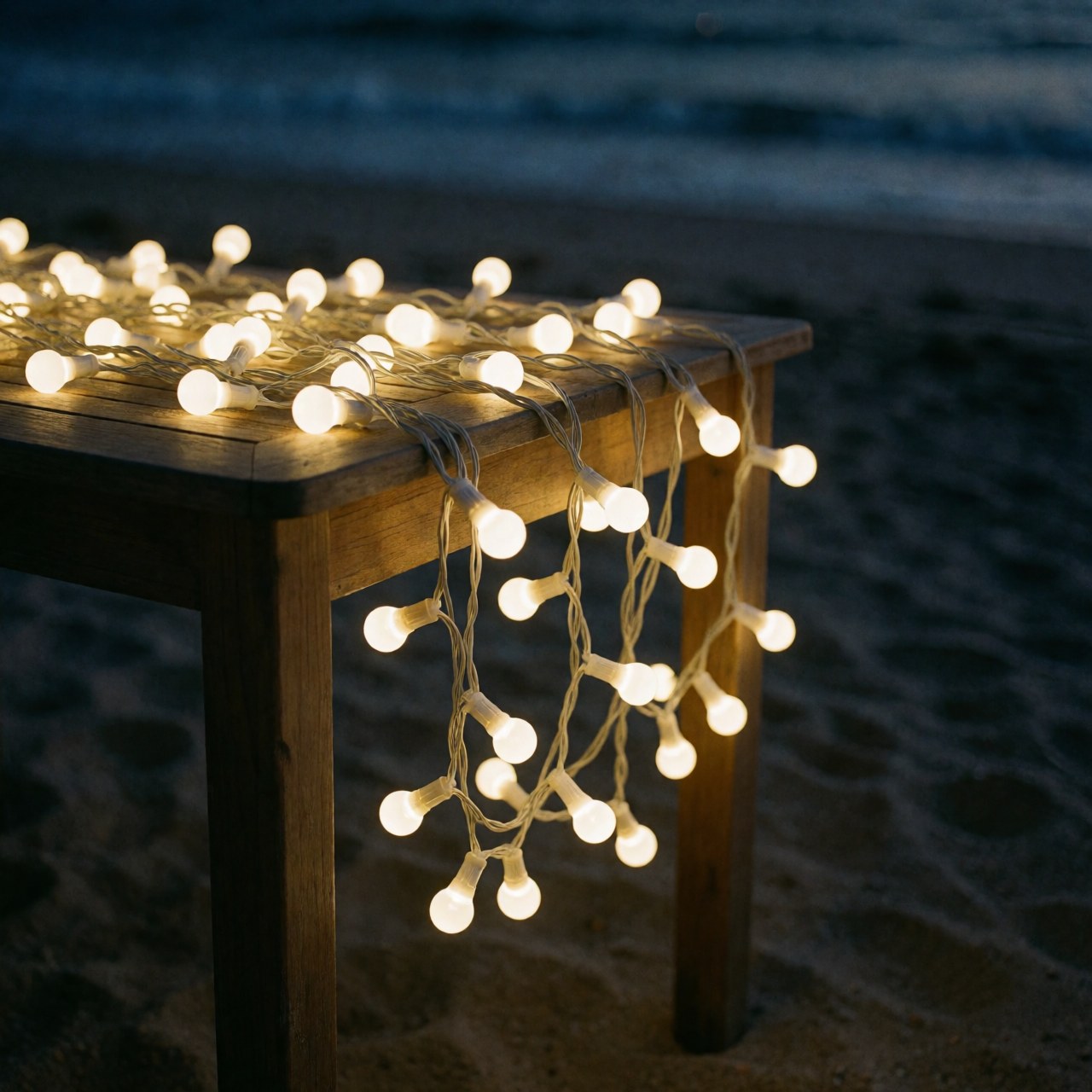 Des lampes LED blanches chaudes posées sur une table en bois en bord de mer la nuit, avec un flou artistique de l'océan en arrière-plan, idéal pour la décoration d'événements en extérieur.