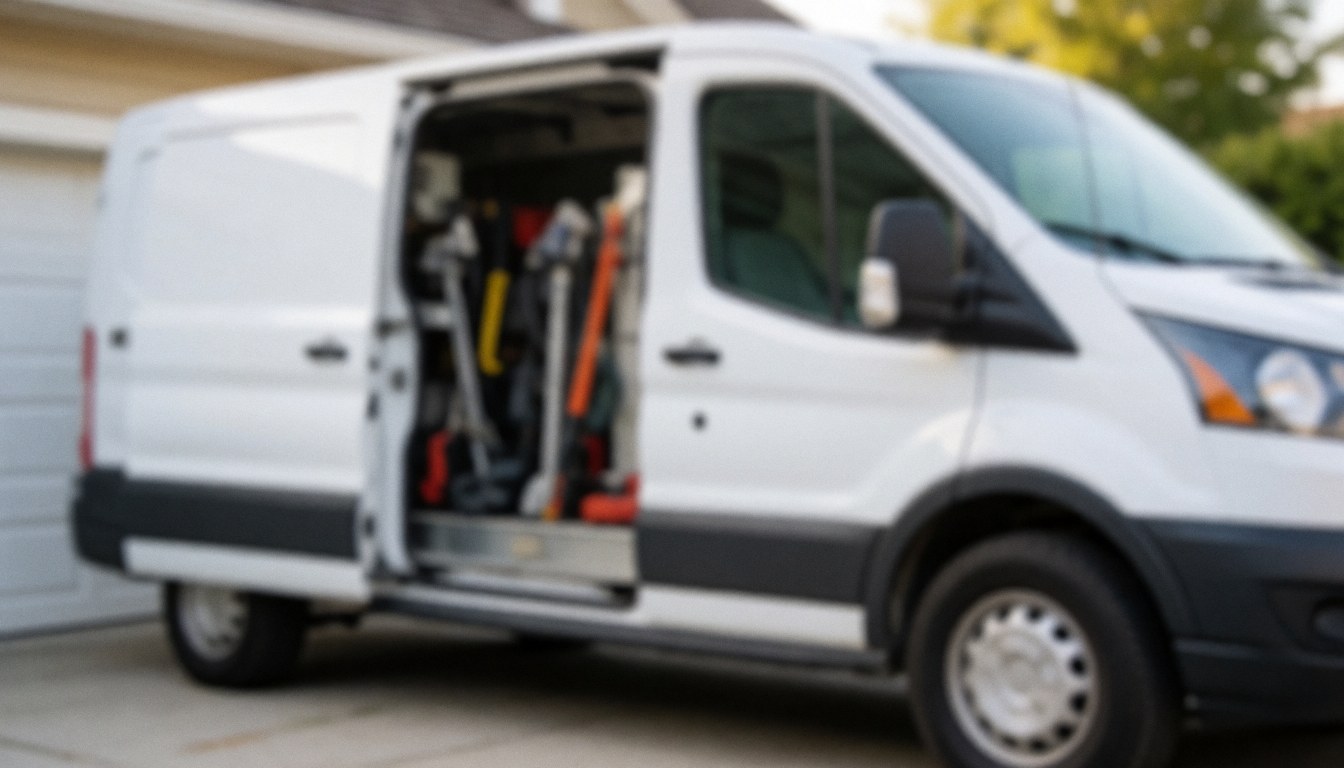 Fourgon blanc stationné dans la rue avec la porte latérale ouverte révélant des outils de réparation pour services de garage.