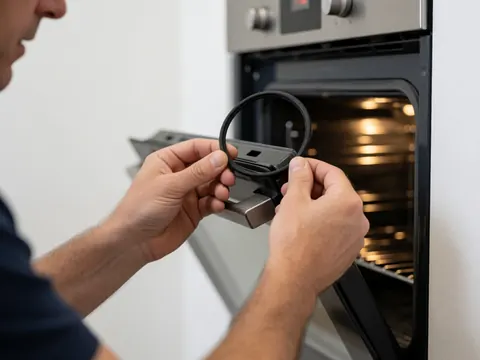 Une main pose un joint noir sur le contour d'une porte de four, éclairage chaud sur fond blanc mettant en valeur le détail du travail.