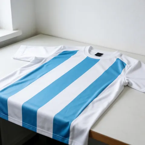 Un maillot de football avec des rayures verticales bleues et blanches posé sur une table blanche, éclairé par la lumière naturelle venant d'une fenêtre.