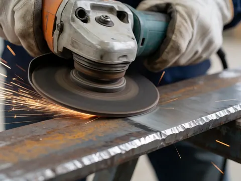 Disque abrasif en métal projetant des étincelles, accompagné de gants de protection et d'un outil, sur une surface rouillée et polie, illustrant un travail industriel réaliste en gros plan.