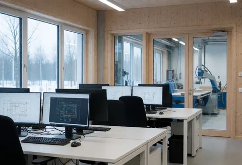 Espace de travail moderne équipé de bureaux blancs et d'écrans montrant des plans techniques, avec un atelier industriel visible à travers des portes vitrées.
