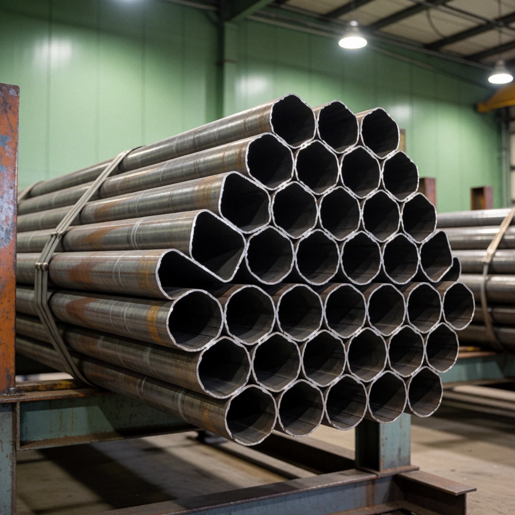 Tubes d'acier coupés à 45 degrés empilés sur un rack métallique dans une usine avec des murs verts et des lumières industrielles