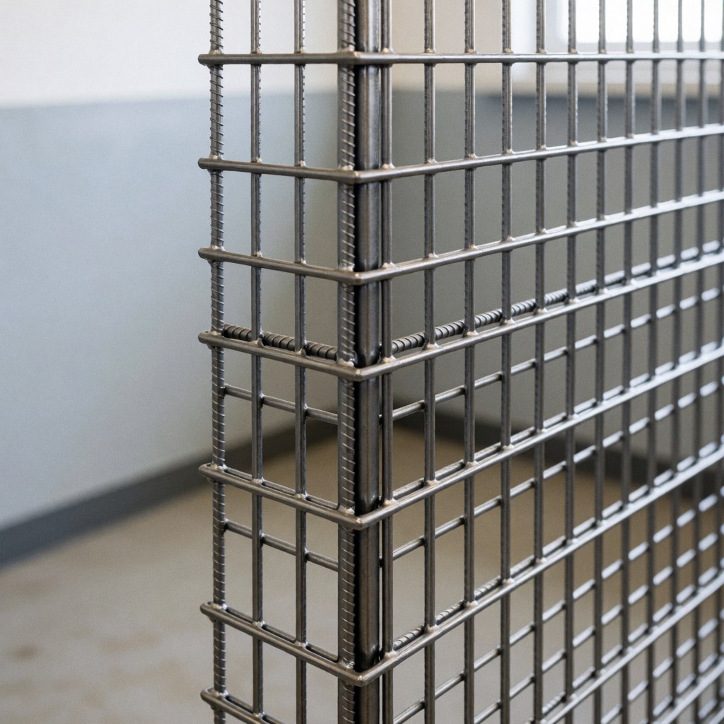 Gros plan sur un coin de treillis métallique soudé avec des bords nets sans copeaux, sur un fond d'atelier flou aux murs gris et à la texture d'acier froid.