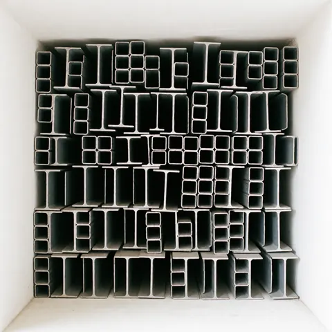 Des profils en I et des tubes carrés découpés sont soigneusement empilés dans un environnement industriel aux murs blancs, offrant une vue aérienne claire.
