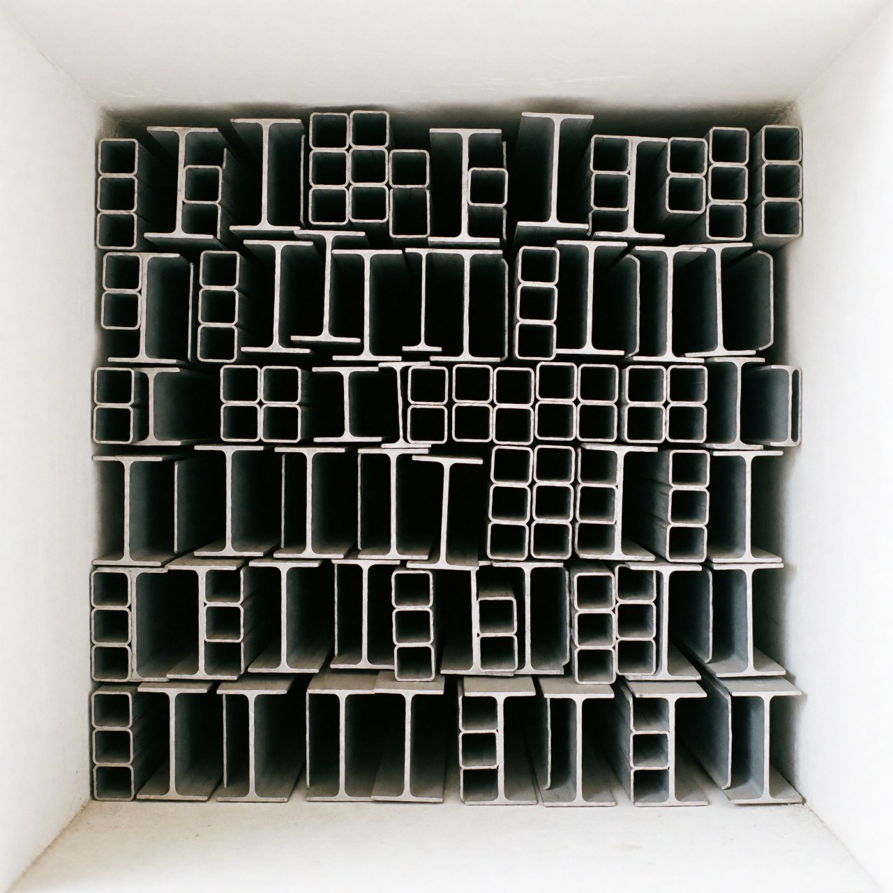 Des profils en I et des tubes carrés découpés sont soigneusement empilés dans un environnement industriel aux murs blancs, offrant une vue aérienne claire.