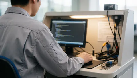 Technicien en uniforme gris travaillant sur le diagnostic d'un téléphone avec écran de code et outils. Scène professionnelle avec lumière chaude et fond flou pour textes.