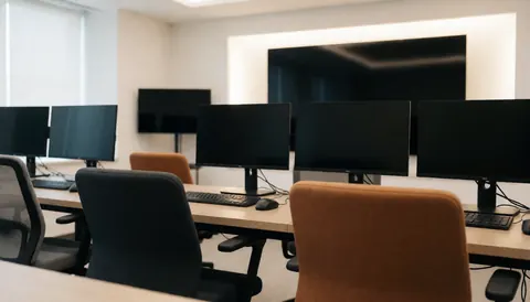Bureau moderne de montage vidéo avec chaises vides, écrans éteints et bureaux de travail, éclairage doux et ambiance professionnelle pour la production audiovisuelle.