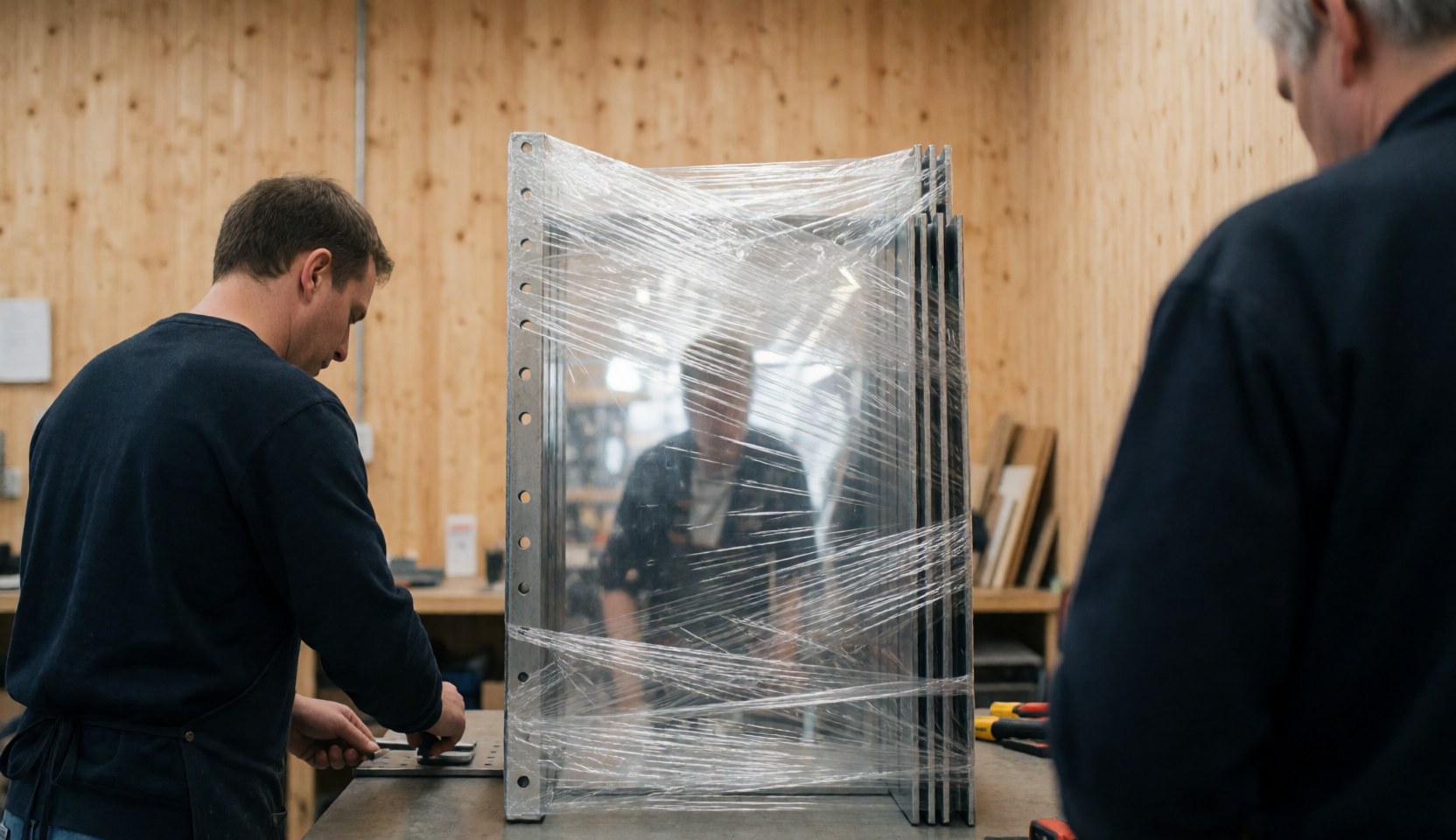 Deux ouvriers observent des boussoles métalliques enveloppées dans du plastique transparent dans un atelier aux murs en bois.