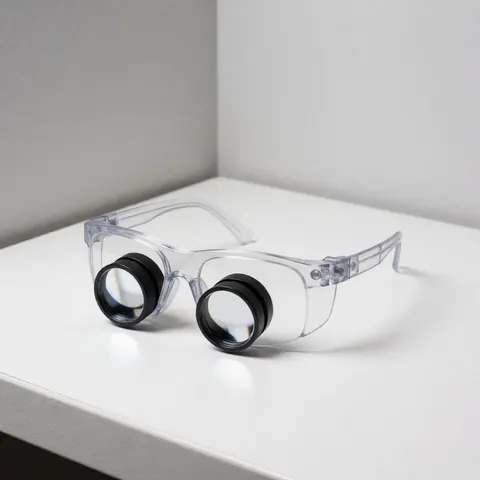 Des lunettes de sécurité équipées de verres grossissants reposent sur une surface blanche, conçues pour la réparation précise d'appareils électroniques.