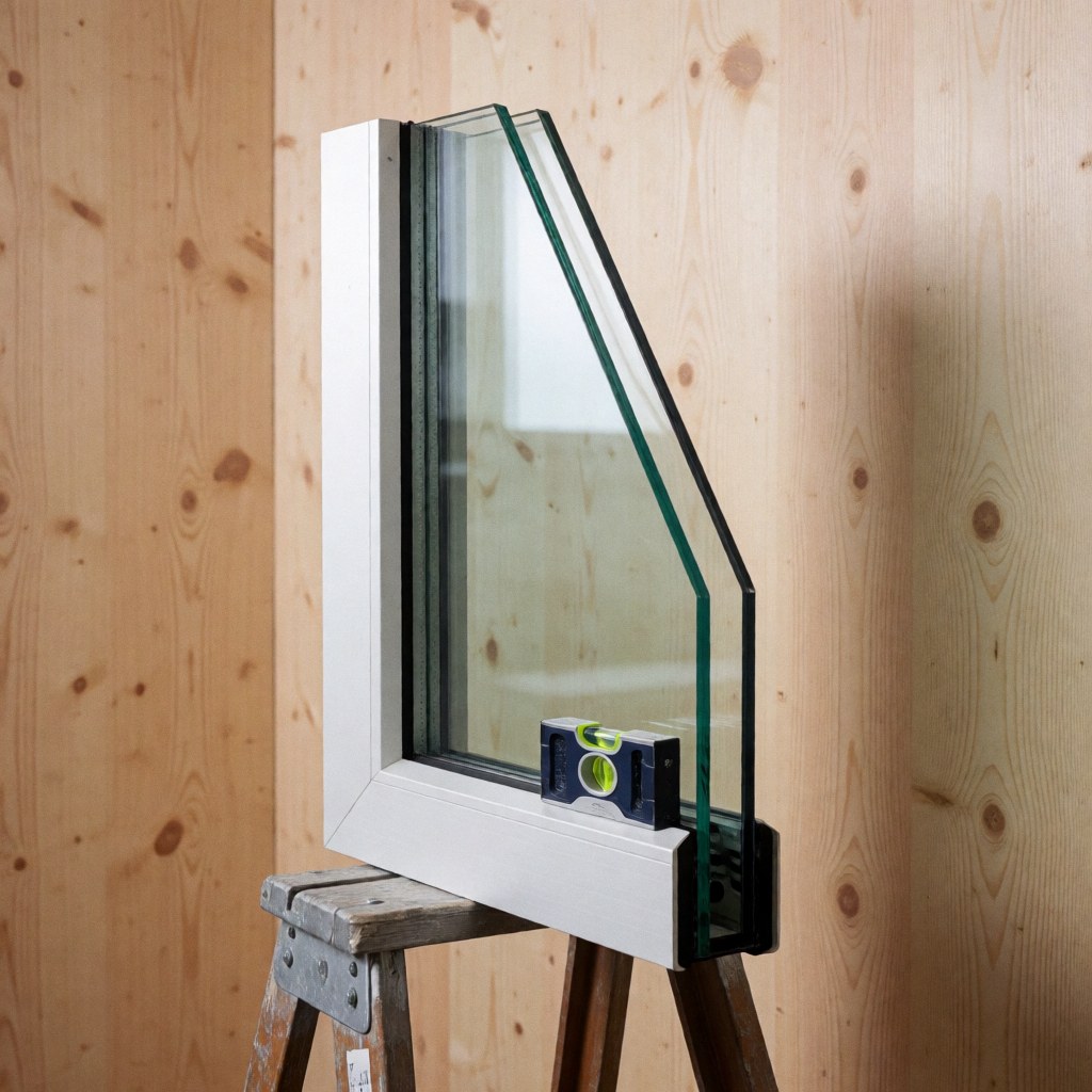 Fenêtre à isolation thermique avec double vitrage, niveau à bulle et cadre blanc posés sur une échelle en bois, devant des murs en panneaux clairs et un éclairage professionnel.