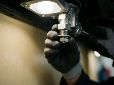Gant ajustant une vanne de gaz sous le châssis d'un camping-car, lumière vive, fond sombre, outil de précision, travail technique, réparation, métal brillant, sécurité.