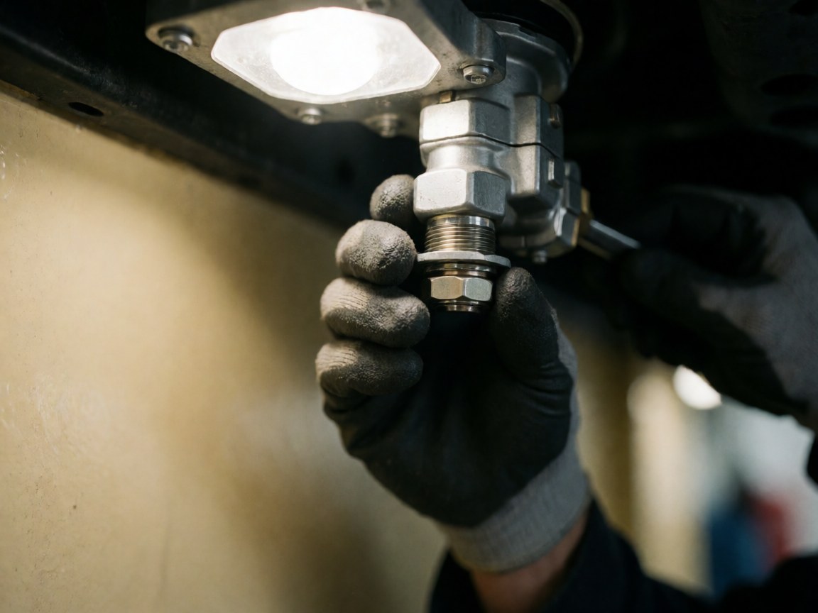 Gant ajustant une vanne de gaz sous le châssis d'un camping-car, lumière vive, fond sombre, outil de précision, travail technique, réparation, métal brillant, sécurité.
