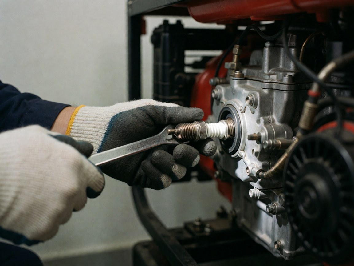 Main portant un gant de travail retire une bougie souillée d'un moteur de générateur, avec des outils et des pièces métalliques visibles.