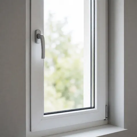 Fenêtre d'isolation blanche à cadre lisse et poignée métallique, fixée sur un mur gris sous une lumière naturelle douce, idéale pour les installateurs de fenêtres.