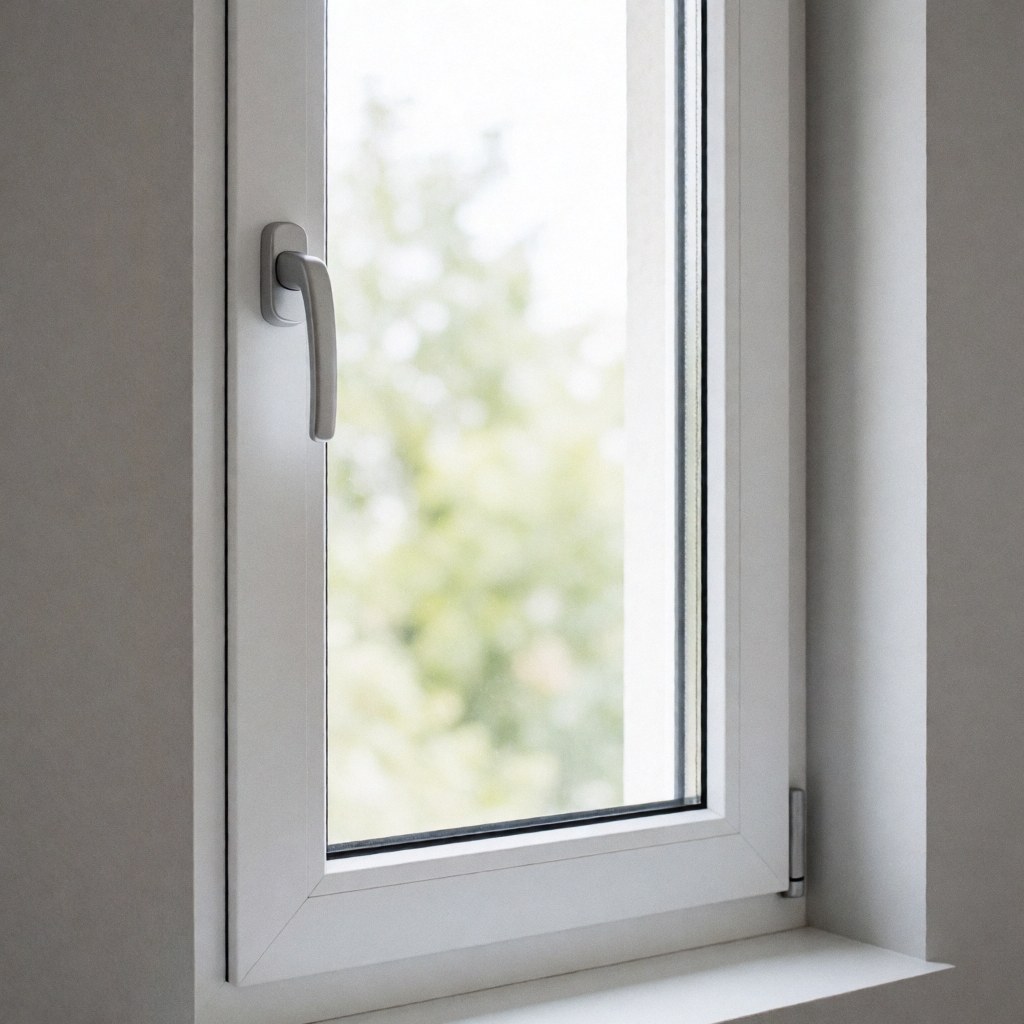 Fenêtre d'isolation blanche à cadre lisse et poignée métallique, fixée sur un mur gris sous une lumière naturelle douce, idéale pour les installateurs de fenêtres.