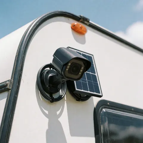 Caméra de surveillance extérieure fixée au mur blanc d'un camping-car, près d'un panneau solaire et de câbles, sous un soleil éclatant.