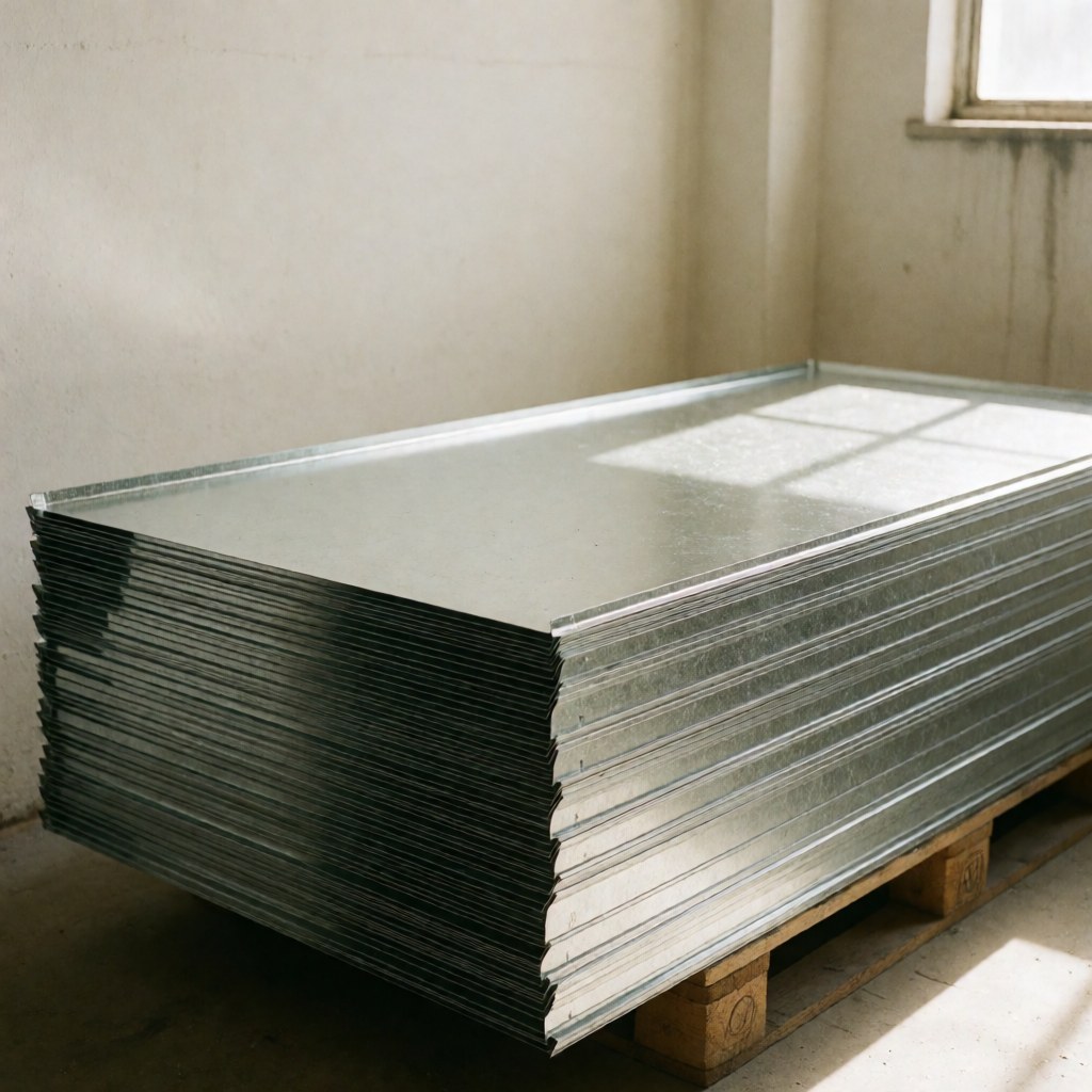 Empilement de tôles d'acier galvanisé brillantes sur une palette en bois dans un atelier industriel avec lumière naturelle et murs crème.