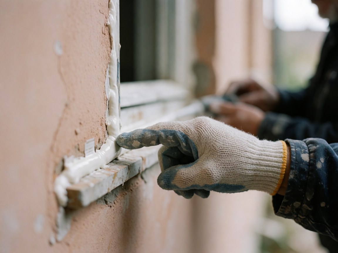 Gant ajustant un joint blanc sur un cadre de fenêtre, avec des traces de silicone et de poussière sur un mur en terre cuite.