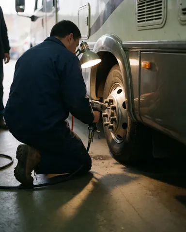 Technicien de réparation de camping-car travaillant avec un impact pneumatique sur la roue arrière, éclairé par une lampe pratique dans l'atelier.