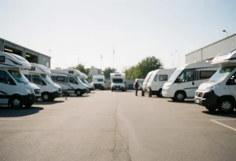 Un employé se tient au centre d'un garage dédié aux camping-cars, entouré de plusieurs véhicules alignés dans un espace professionnel baigne de lumiere naturelle.