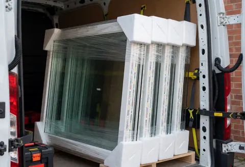 Fenêtres d'isolation neuves, emballées avec de la mousse protectrice et des bandes de sécurité, prêtes pour le transport dans la camionnette d'un installateur.