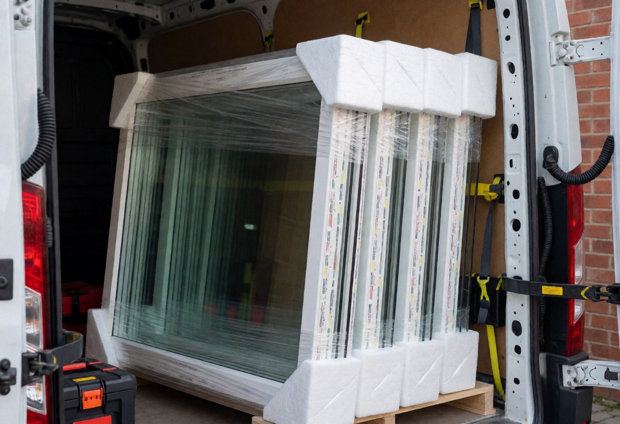 Fenêtres d'isolation neuves, emballées avec de la mousse protectrice et des bandes de sécurité, prêtes pour le transport dans la camionnette d'un installateur.