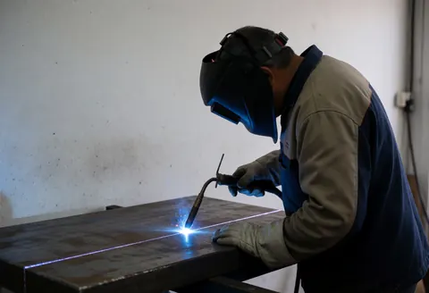 Un soudeur professionnel avec casque et gants effectue une découpe plasma sur une grande plaque d'acier. Le fond blanc et la lumière bleue de l'arc soulignent la précision du travail industriel.