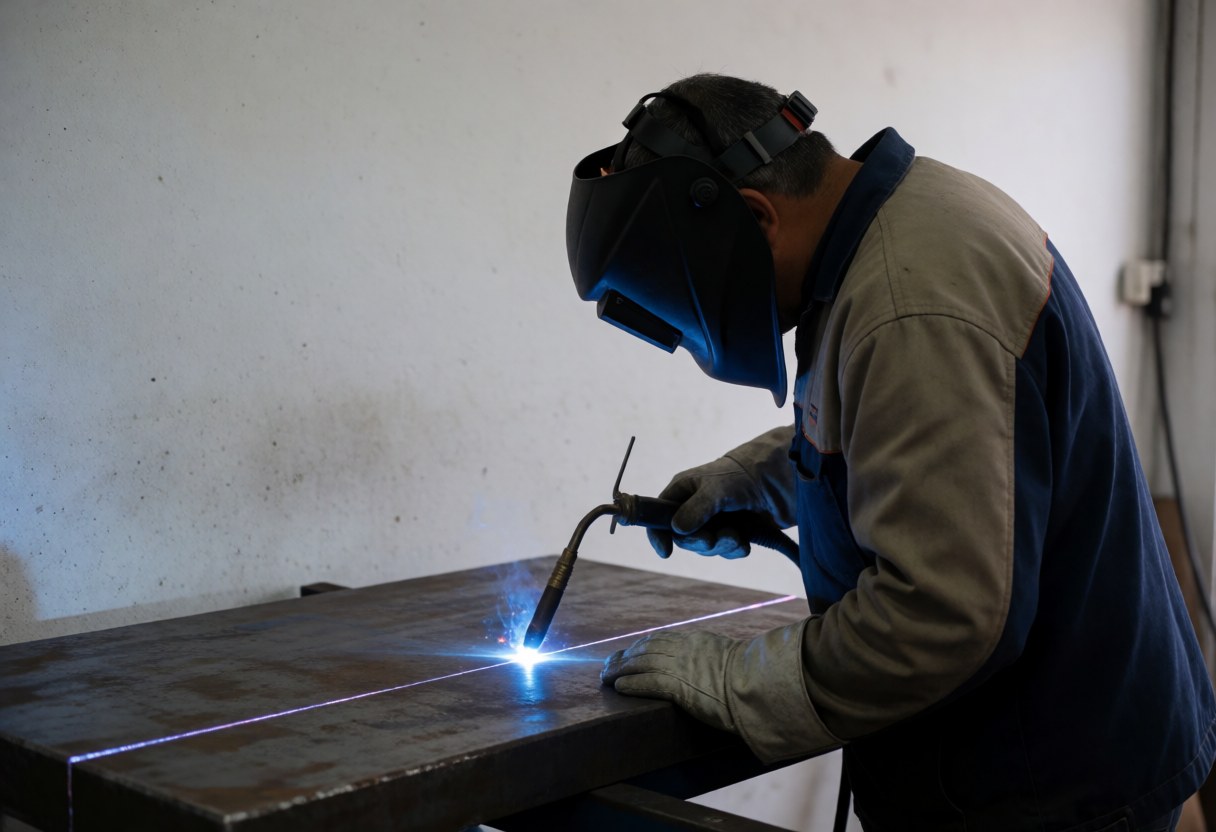 Un soudeur professionnel avec casque et gants effectue une découpe plasma sur une grande plaque d'acier. Le fond blanc et la lumière bleue de l'arc soulignent la précision du travail industriel.