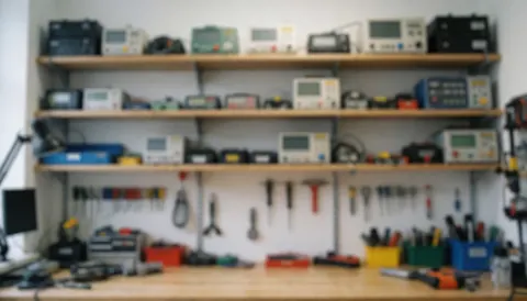 Fond d'atelier technique avec des étagères chargées d'outils et d'équipements électroniques, idéal pour les services de réparation d'appareils électroménagers.