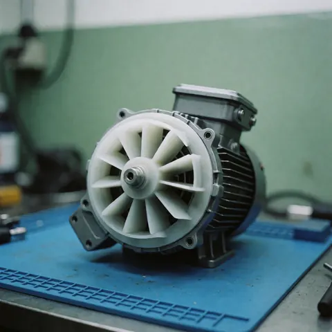 Moteur de lave-vaisselle équipé d'une pale blanche posé sur un tapis antistatique bleu dans un atelier aux murs verts et à l'éclairage clinique.